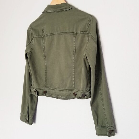 Free People Olive Army Green Distressed Crop Denim Jacket Size 4 100% Cotton - Picture 5 of 15
